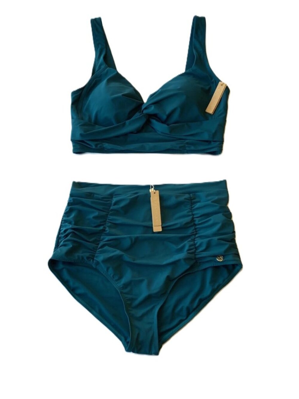 Shapellx Twist-Front Shaping Bikini Swim Top & Bottom Set Womens XL Teal NWT